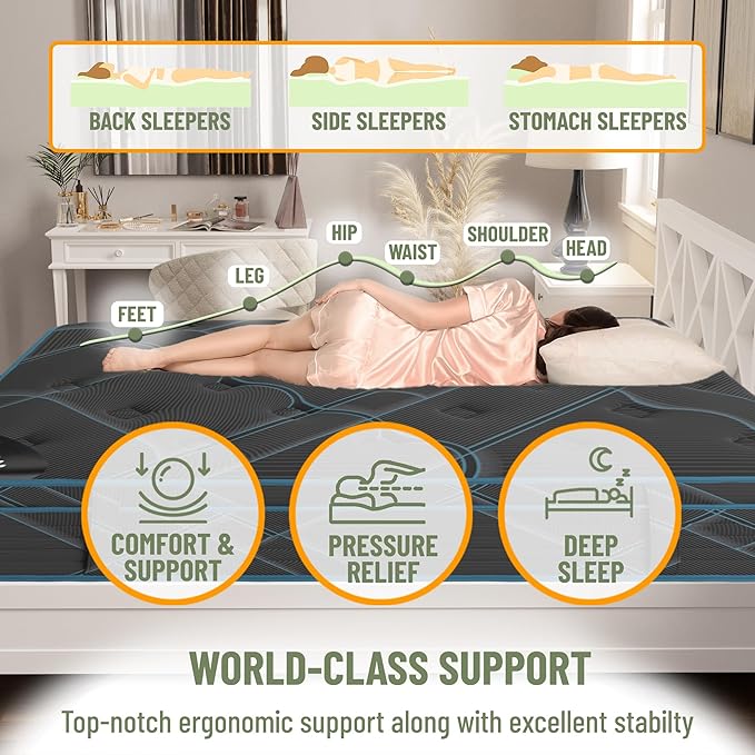 Ottomanson Queen 13" Luxury Black vBlue Eurotop Mattress - Inspired by Ancient Egypt - Medium-Firm Memory Foam Comfort - Premium Quilted Cover - Made in USA - Fiberglass-Free - Bed in a Box