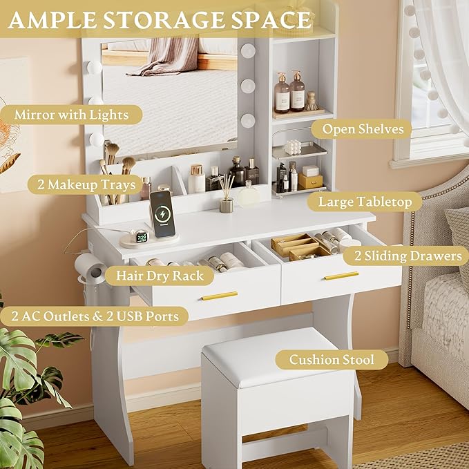 Vanity Desk with Mirror and Lights, Small Makeup Vanity Table Set with Storage Drawers & Power Outlets & Chair, 3 Lighting Modes & RGB Ambient Light, Dressing Table for Women Girls Bedroom, White