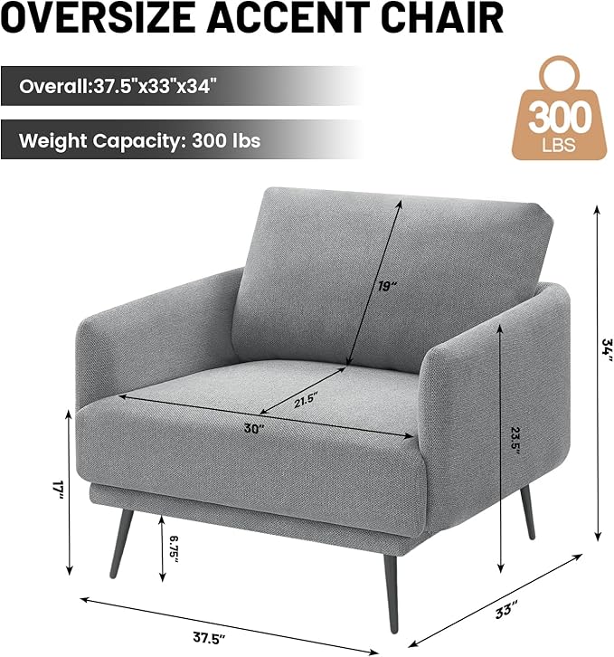 Oversized Accent Chair Set of 2 for Living Room Chairs Reading Arm Chair Comfy Modern Single Sofa Side Chairs with Metal Legs & Soft Cushion for Bedroom, Balcony,Waiting Room (Polyester, Grey)