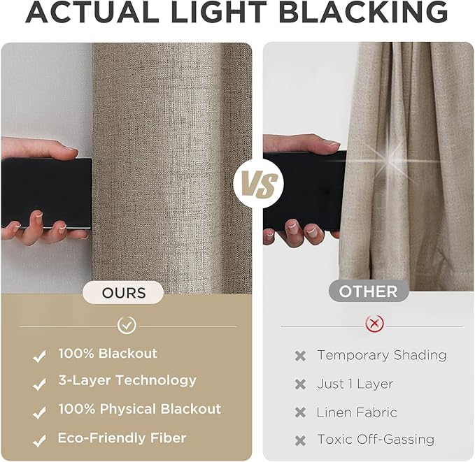 Joydeco Blackout Curtains 90 Inches Long 2 Panels Burg, Room Darkening Curtains for Bedroom, 100% Black Out Textured Thermal Drapes Privacy Protection 2 Panels Set(W52 x L90 Inch, Linen)
