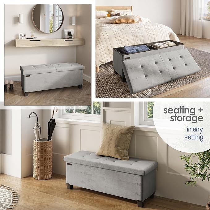 STORAGEBUD Storage Ottoman Bench with Bins, 43-in Storage Bench for Bedroom End of Bed, Folding Foot Rest Ottoman for Living Room Max 660lbs, Velvet Ottomans, Light Grey
