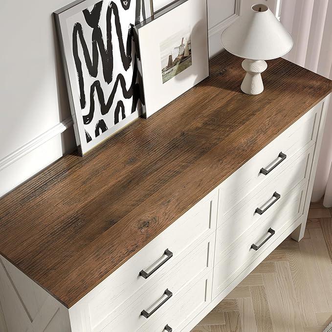 Farmhouse 6 Drawers Dresser for Bedroom, Modern Dresser with Metal Handle, Natural Texture, Wood Rustic Chest of Drawers for Bedroom, Living Room, Hallway and Entryway, Antique White