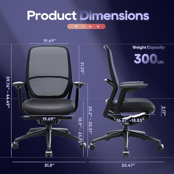 Ergonomic Office Chair Without Headrest, Genuine Leather Seat, Adjustable Seat Depth, 4D Armrests, Aluminum Alloy Base, Mesh Back, High-End Executive Desk Chair Black (Obsidian Black)