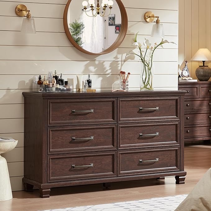 Farmhouse Walnut Bedroom Sets of 4, Includes 6 Drawer Large Dresser, Vintage Night Stand with 3 Drawers, Small 5 Chest of Drawers, Wood Rustic Dresser & Nightstand Set for Home, Living Room