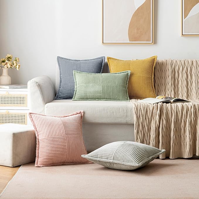 MIULEE Decorative Throw Pillow Covers for Couch Bed Livingroom 16x16 Inch Set of 2 Dustyblue Boho Accent Throw Pllows Broadside Striped Patchwork Soft Corduroy Pillowcases