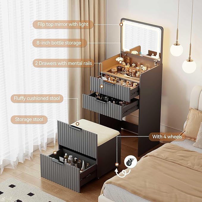 LED Compact Makeup Vanity with Flip Top Mirror, 3 in 1 Small Vanity Set with Glass Desktop, Mini Dressing Table with Storage Compartment and Cushioned Stool,3 Drawers, Bedroom Gray