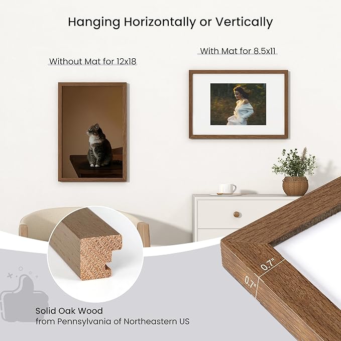 Axeman 12x18 Poster Frame | Solid Oak Wood 12 x 18 Picture Frame With Mat for 8.5x11 | 18''x12'' Wood Frame | Tempered Glass and Hanging Hardware Included Home Wall Decor Hanging Frame | Walnut