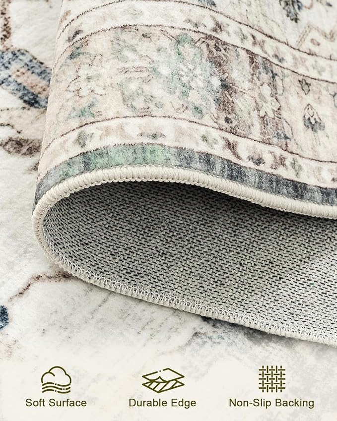 HOMFINE Machine Washable Rug 9'x12' - Vintage Design Area Rugs with Non Slip Rugs for Living Room Bedroom Floral Print Rug Carpet Stain Resistant, Home Decor Office Area Rug, Beige Green