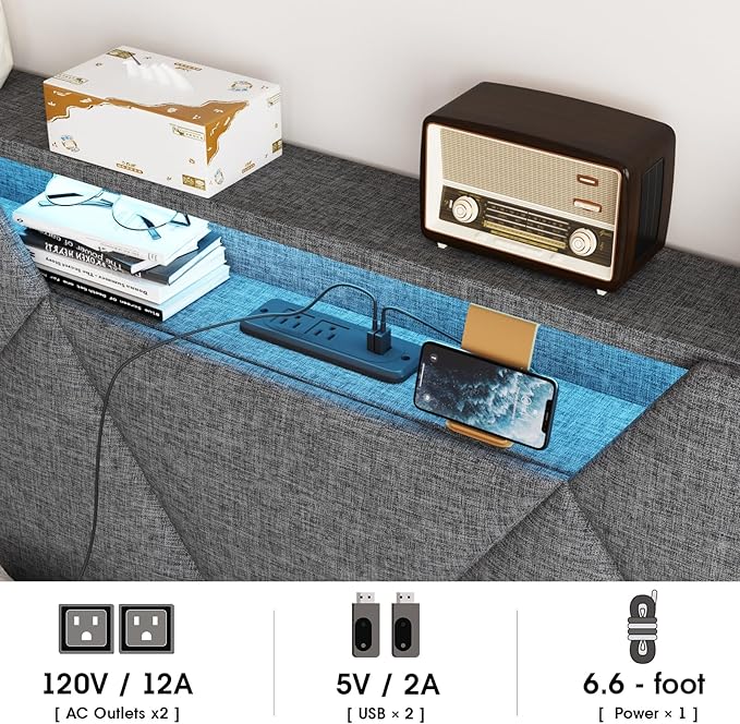 Vabches Twin Bed Frame with Storage Headboard and 4 Drawers,Upholstered Platform with Charging Station and Led Lights,Adjustable Headboard,No Box Spring Needed,Dark Grey