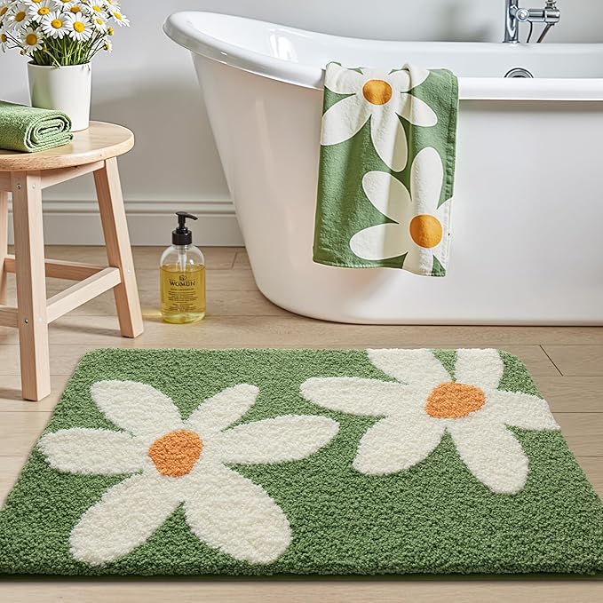 LUMI Bathroom Rug 20x32, Soft Absorbent Microfiber Bath Mats, Non-Slip Machine Wash Bath Mats for Bathroom, Shower and Bathtub Floor, Daisy