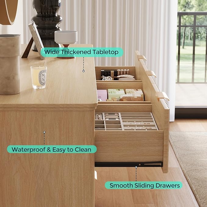 LINSY HOME Fluted Dresser for Bedroom with 9 Drawers, 58" Wide Chest of Drawers, Mid Century Modern Dresser TV Stand with Metal Handle, Wood Closet Storage Cabinet for Living Room, Hallway, Oak