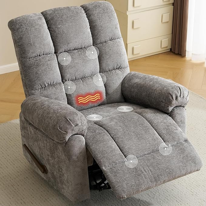 Oversized Swivel Rocker Recliner with Massage and Heat, 26" Extra Wide Manual Recliner for Adults & Big Man, Overstuffed Rocking Chair with High Back for Living Room, Grey Chenille