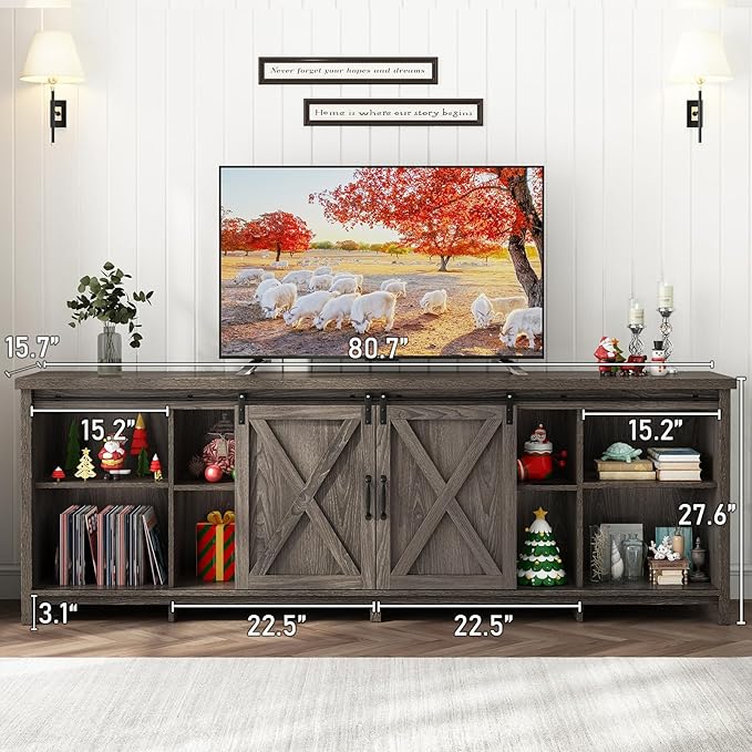 80 Inch Large Farmhouse TV Stands for 90 inch TV w/Adjustable Shelves