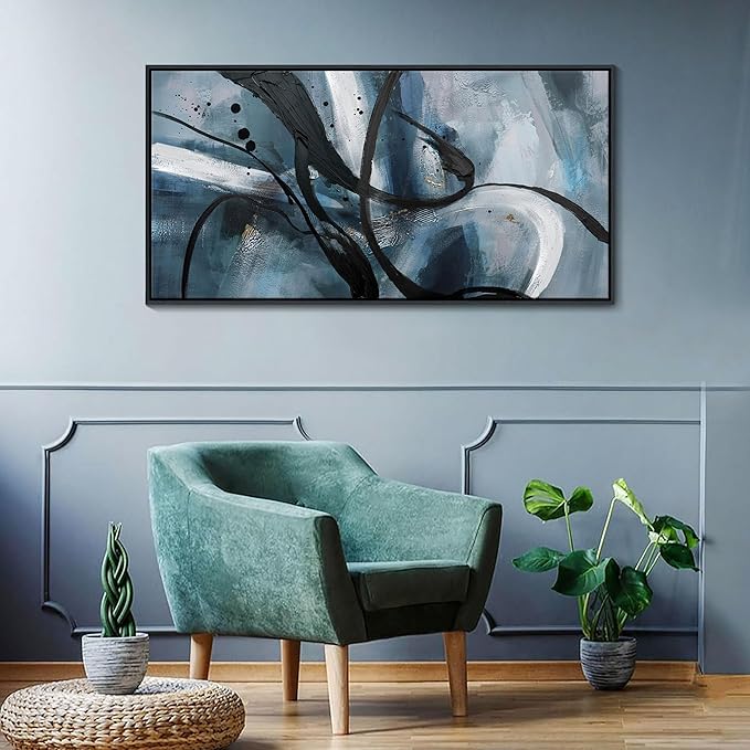 Abstract Wall Art - Black and White Graffiti Decor Modem Minimalist Art Large Canvas Wall Decoration for Living Room Bedroom Office Painting Framed Pictures Artwork Size 24×48Inch