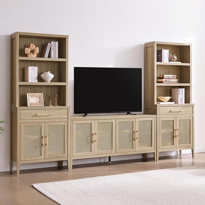 SICOTAS TV Stands for Living Room Bedroom - Farmhouse Entertainment Center TV Console with 4 Doors Cabinet, 59" Boho Television Stands Media Console Credenza for 45 50 55 60 65 Inch TVs, Light Walnut