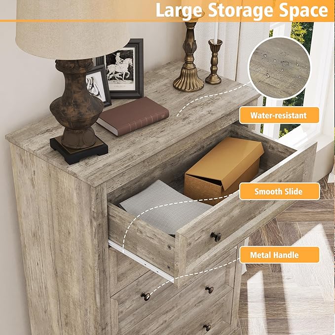 KIGOTY Dresser for Bedroom with 5 Drawers, Tall Wood Chest of Drawers, 5 Drawer Dresser Cabinets, Farmhouse Closet Clothes Organizer, Storage Cabinet with Metal Handles for Living Room (Grey)