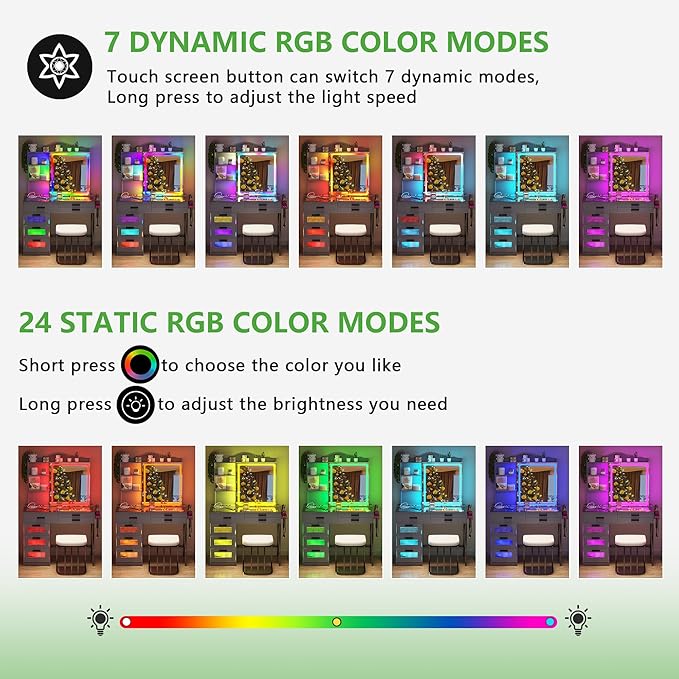 HENBC Vanity Desk with Sliding Mirror and Glass Desktop, LED Vanitys Mirror with RGB Lights Desk and Chair, Dressers Table Set with Charging Station/Makeup Organizer/6 Drawers for Bedroom(Grey)