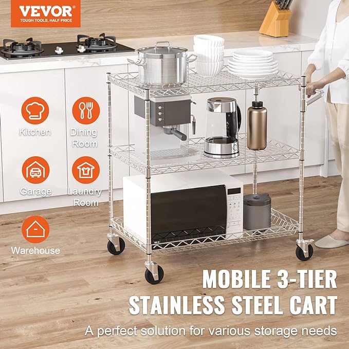 VEVOR Kitchen Utility Cart, 3 Tiers, Wire Rolling Table with 661 LBS Capacity, Steel Service Desk on Wheels, Metal Storage Trolley with 80 mm Deep Basket Curved Handle 6 Hooks