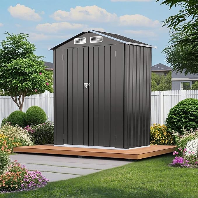 5 x 3 FT Outdoor Storage Shed, Metal Garden Tool Shed with Slooping Roof, Lockable Doors, All-Weather Bike Shed Easy to Assemble for Backyard, Patio, Lawn, Grey