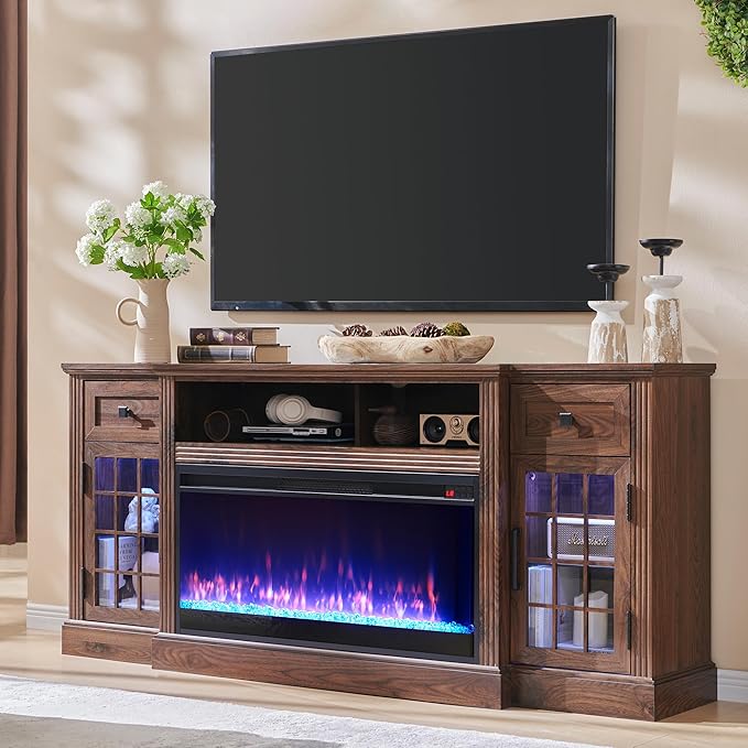 JXQTLINGMU Fireplace TV Stand for 80 Inch TV, Farmhouse Highboy Entertainment Center w/LED Lights & 36" Electric Fireplace, Large Media Console w/Glass Door Cabinet & Storage Drawer, Brown