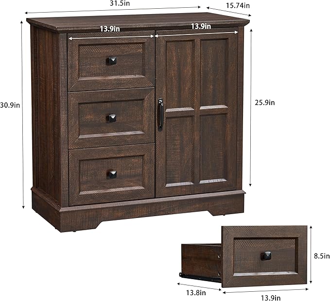 3+1 Dresser for Bedroom, Cherry Dressers Storage with Wooden Drawers and Cross Door, TV Stand Chest of Drawers for Bedroom, Living Room