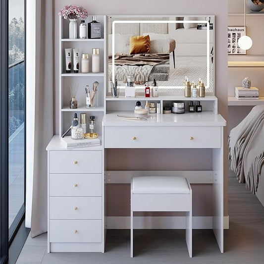 41" Vanity Desk with Mirror and Lights, Makeup Table with Led Mirror, 3 Lighting Colors, Vanity Set with Drawers and Stool for Bedroom, White
