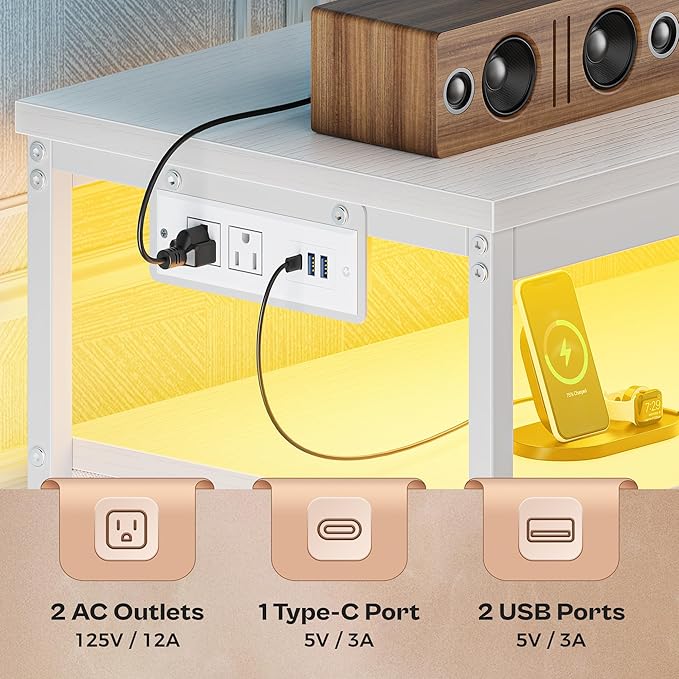 Huuger 63 Inch TV Stand for 55, 65, 70 Inch TV, Long Dresser TV Stand for Bedroom, White LED TV Stand with Power Outlets, Fabric Drawer Dresser with Storage, Entertainment Center for Living Room