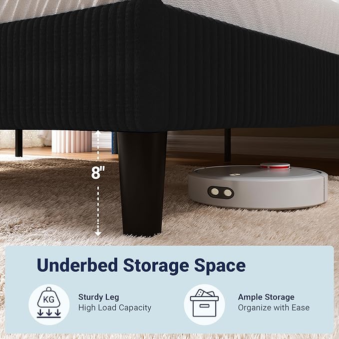 Allewie Full Size Bed Frame with Upholstered Wingback Headboard, Vertical Channel Tufted Corduroy Velvet Platform Bed, Strong Wooden Slats Support, No Box Spring Needed, Easy Assembly, Sturdy, Black