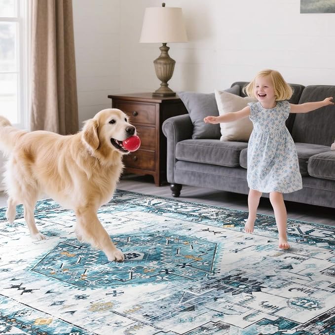 Large Washable 6x9 Area Rug, Blue Vintage Floral Rugs for Living Room, Non Slip Low Pile Carpet for Bedroom Dining Room, Thin Indoor Carpet for Office Classroom