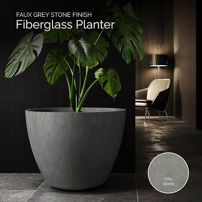 Lupo Tapered Planter – Grey Stone Finish – Fiberglass Indoor/Outdoor and Weather-Resistant Medium Planter (24.4" D x 18.7" H Exterior, 23.1" D x 18.1" H Interior)