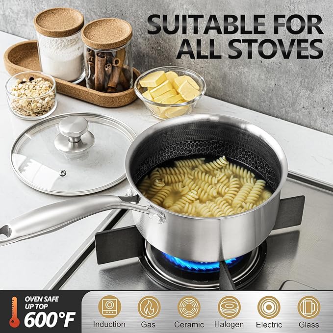 MICHELANGELO 1 Quart Saucepan with Lid, Premium Triple Ply Stainless Steel Sauce Pan with Lid, Small Saucepan with Honeycomb Interior - 1QT