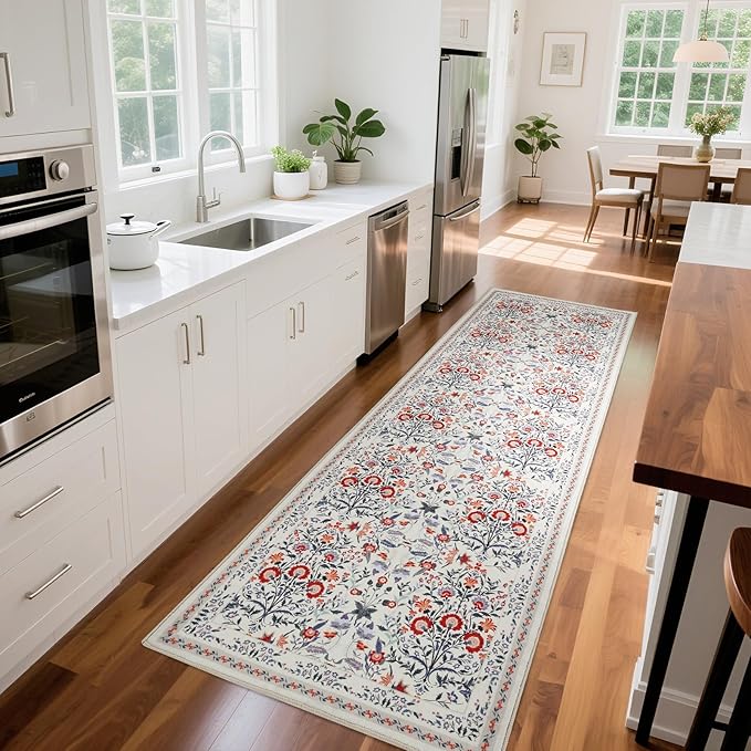Area Rug Washable Rug Runner, 2.6X8 Hallway Runner Rugs for Bedroom Floral Boho Carpet Ultra-Thin Soft Kitchen Mats for Floor, Non-Slip Stain Rugs for Living Room, Entryway, Kitchen, Hallways, Beige