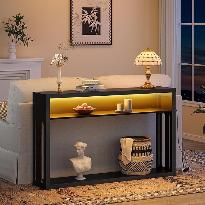 FAVOOSTY 47.2" Farmhouse Console Table with Storage, Entryway Console Table with Led Light, 2-Tier Entryway Table Sofa Table Behind Couch Table Hallway Stand for Living Room,Foyer,Entrance Black