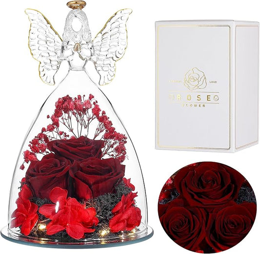 Ocosy Mothers Day Rose Gifts for her, Large Angel Rose Gifts for Women, Forever Real Roses in Angel Figurines, Angel Guardian with Roses Flower, Wine Red
