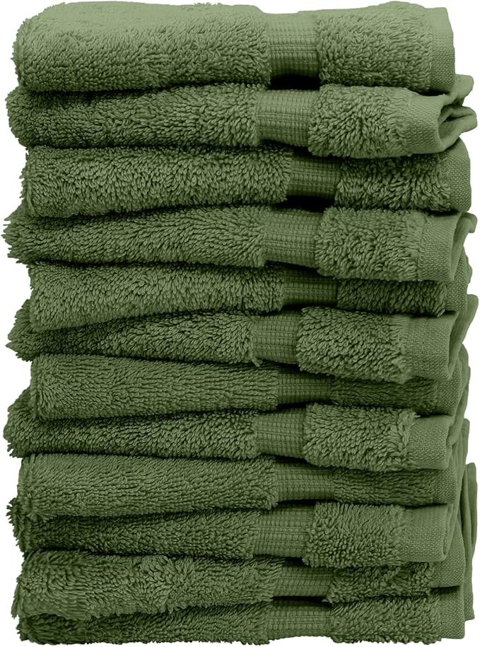 Luxury Hotel & Spa Collection, 100% Turkish Cotton 700 GSM Cloth, for Body wash, Makeup Remover & Facial Cleaning, Baby, face, Dobby Border Soft washcloths Towel Set 13" X 13", Moss, Set of 12