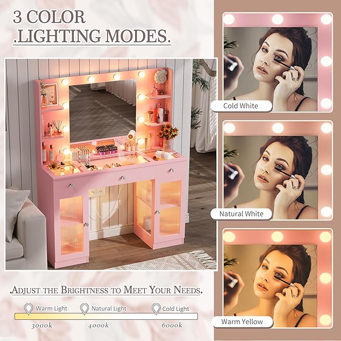 Makeup Vanity with Glass Top, Pink Vanity Desk with Mirror and Lights, Big Vanity with Drawers & Cabinets for Bedroom, Cute Vanity with Crystal Knobs & Power Outlet for Women, Girls