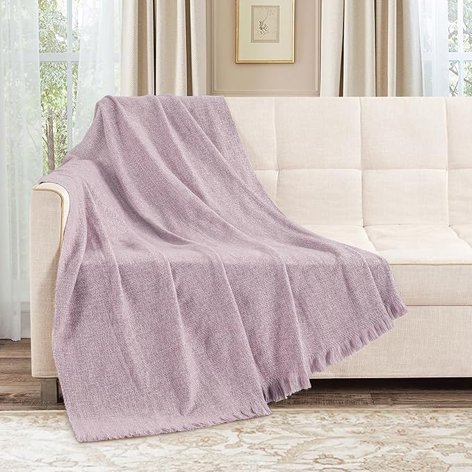 BOURINA Faux Cashmere Fringe Throw Blanket Decorative Lightweight Throw Soft Cozy for Bed or Sofa Outdoor Blanket, 50x70 Inches Purple