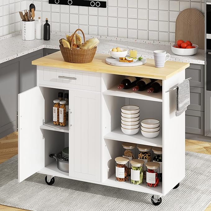 JY QAQA 42" Kitchen Island on Wheels with Storage Cabinet Kitchen Cart Cabinet with Shelves, Cart Handle for Towel Rack or Free Mobility, Portable Islands for Kitchen