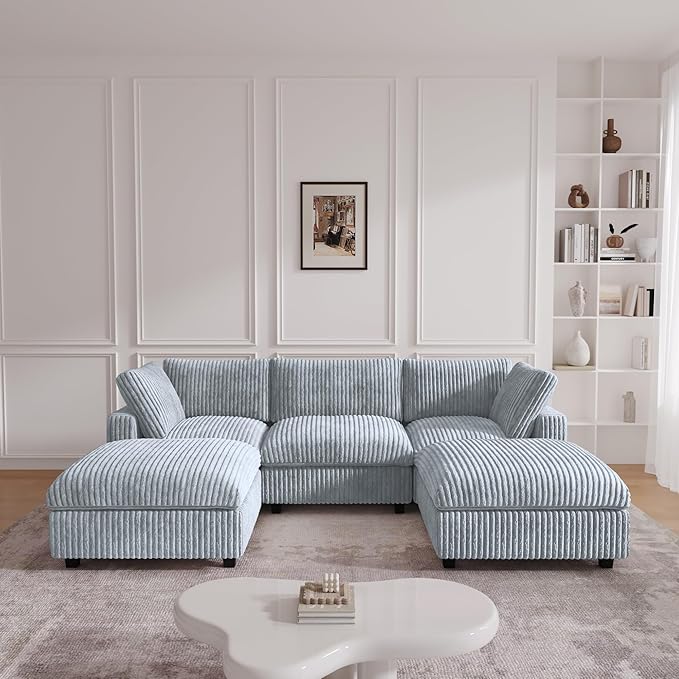 JACH 118" U Shape Modular Sofa for Living Room, Convertable Sectional Couch with Chaise Ottomans, Deep Seat Sofas, Sofa Covers Washable, Minimalist Plush Couch for Living Room, Apartment, Light Grey