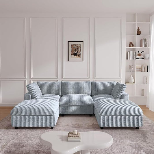 JACH 118" U Shape Modular Sofa for Living Room, Convertable Sectional Couch with Chaise Ottomans, Deep Seat Sofas, Sofa Covers Washable, Minimalist Plush Couch for Living Room, Apartment, Light Grey