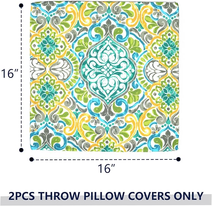 Outdoor Throw Pillow Covers 16x16 Inch, Square Patio Pillow Cases Pack of 2, Modern Decorative Back Cushion Covers for Patio Furniture Garden Couch Farmhouse,Damask Green
