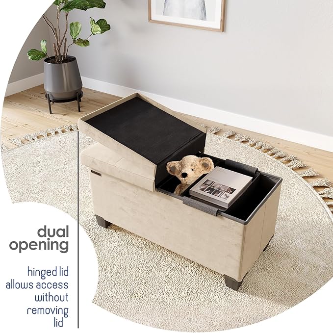 STORAGEBUD Storage Ottoman Bench with Bins, 30-in Storage Bench for Bedroom End of Bed, Folding Foot Rest Ottoman for Living Room Max 660lbs, Velvet Ottomans, Beige