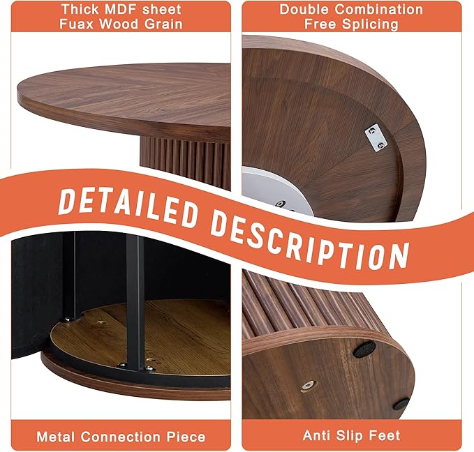 AZmac Round Dining Table Set for 6, Wooden Round Table 7-Piece with Modern Farmhouse Dining Table and 6 Suede Leather Chairs for Kitchen Dining Room, Walnut Table + 6 Saddle Brown Chairs