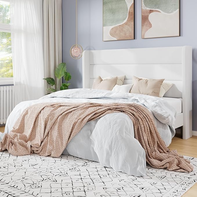 SHA CERLIN Queen Size Velvet Bed Frame/Vertical Channel Tufted Wingback Headboard/Upholstered Platform Bed with Wooden Slats/Mattress Foundation/No Box Spring Needed/Easy Assembly/White