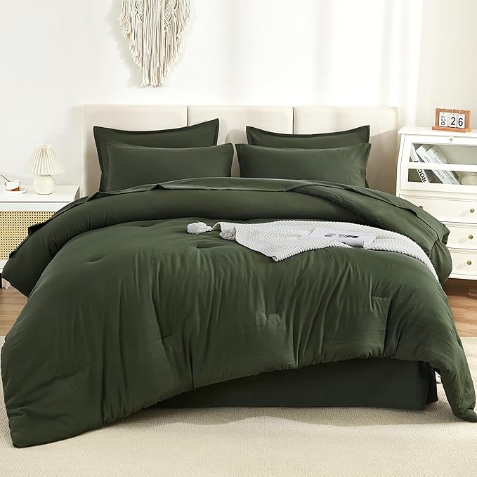 Litanika Super King Comforter Sets Olive Green - 7 Pieces Bed in a Bag Oversized King Bedding Comforter Sets, Solid Lightweight Bed Set with Comforter, Sheets, Pillowcases & Shams