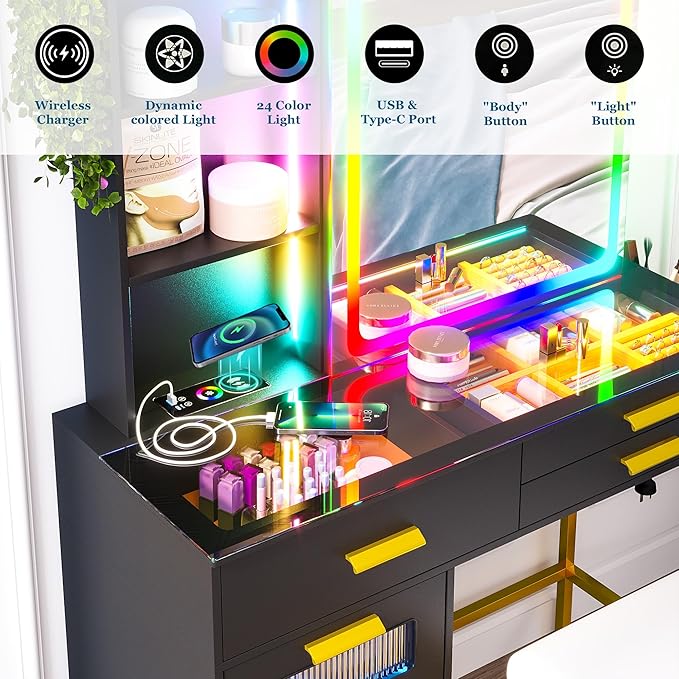 RGB Vanity Desk with Sliding Mirror and Lights, LED Makeup Vanity with Charging Station, Glass Top Dressing Table Set with Jewelry Organizer,6 Drawers,Stool,Shelves for Bedroom (Black)