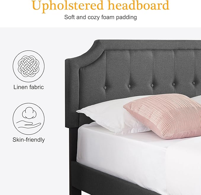 VECELO Queen Size Platform Bed Frame with Fabric Upholstered Headboard and Wooden Slats Support, No Box Spring Needed/Easy Assembly,Grey