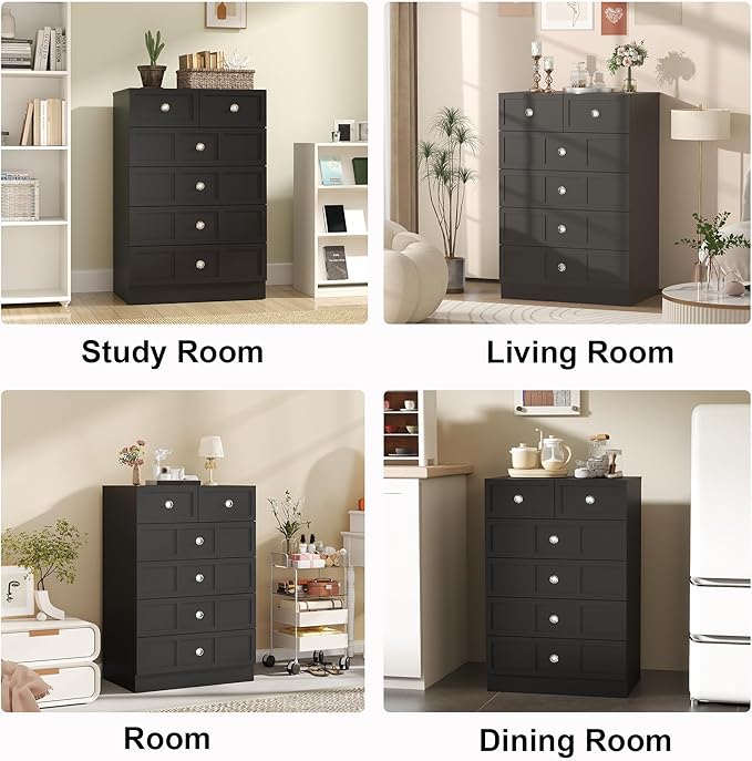 6 Drawer Dresser for Bedroom: 24" Fluted Black Dresser Deep Drawers, Modern Chest of Drawers for Bedroom, Fluted Wood Dressers for Living Room, Hallway