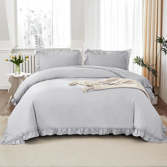 Litanika Light Grey Queen Comforter Set, 3 Pieces Ruffle Farmhouse Aesthetic Bedding Comforter Set, All Season Soft Lightweight Fluffy Microfiber Bed Set(90x90In Comforter, 2 Pillowcases)