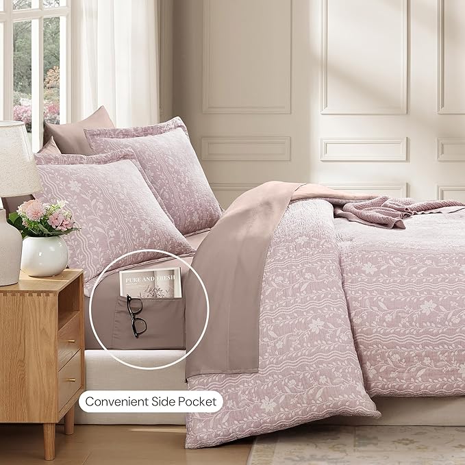 Queen Comforter Set -7 Pieces Floral Pink Comforter Set for All Seasons, Bed in a Bag Queen with Botanical Flowers Comforter, Sheets, Pillowcases & Shams